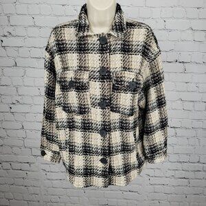 Zara Black Beige Check Buttoned Collared Unlined Shacket Jacket XS